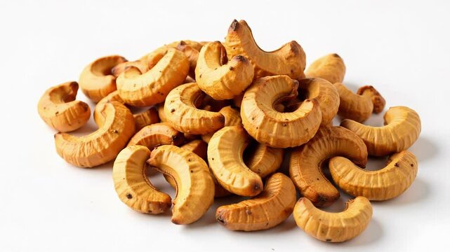 Experience the warm, inviting texture of roasted cashews presented on a clean white backdrop, perfect for healthy snack or gourmet ingredient presentations.
