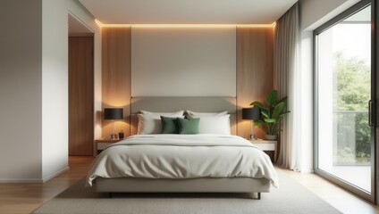 Elegant bedroom with subtle strip lighting a comfortable bed and a large sliding glass door