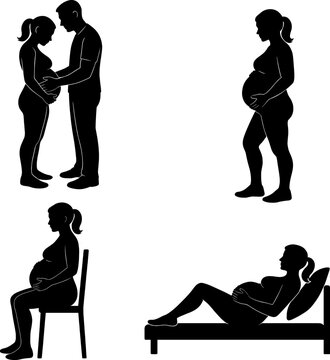 Pregnant women in different pose in black and white silhouette asset 
