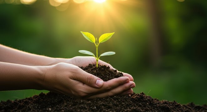 Caring hands gently hold a young green sprout with water droplets, symbolizing new life and growth in the warm sunlight