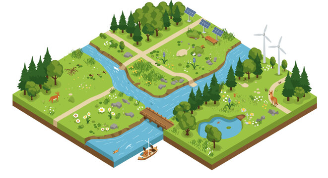 Isometric nature landscape with river, solar panels, and wind turbines