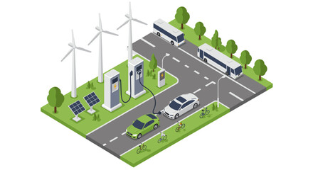 Eco-friendly urban transport: wind turbines, solar panels, electric cars, and buses in isometric cityscape