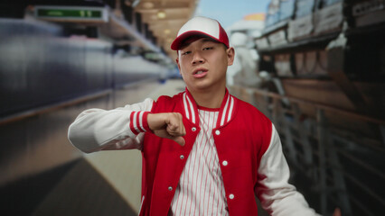 Young man in red baseball uniform standing on cruise ship deck outdoors showcasing a thumbs down...