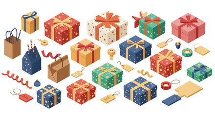 Colorful isometric gift boxes and shopping bags with festive decorations