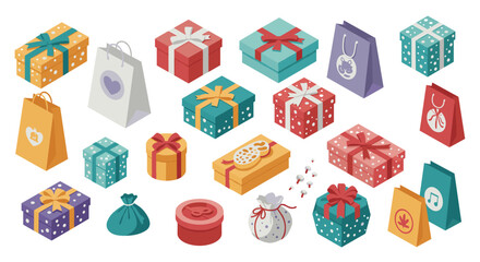 Colorful gift box collection in isometric style with variety of patterns and decorations