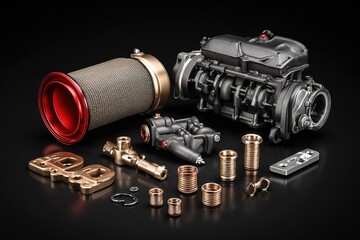 New automotive air intake system parts isolated with balanced lighting and soft shadows 