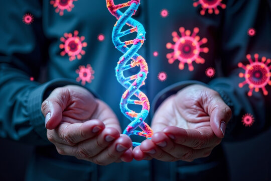 Holographic Display of Vibrant DNA Strands Moving around Hands, Illustrating COVID-19 Molecular Analysis - Powered by Adobe