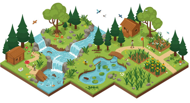 Charming isometric forest scene with waterfall and cabins in a lush landscape
