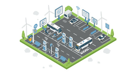 Fototapeta premium Electric bus charging station with renewable energy in isometric urban setting