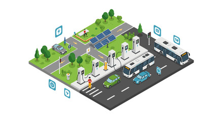 Isometric urban electric charging station with solar panels and public transport