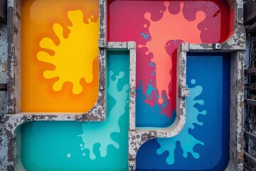 Aerial view of vibrant abstract patterns formed by colorful liquid dyes mixing with water in industrial vats at a pulp plant.