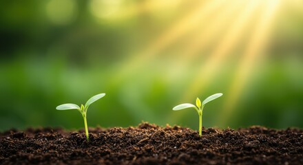 Two delicate green seedlings push through the dark soil, illuminated by bright sun rays, representing the early stages of plant development and life