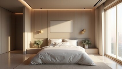 Modern bright bedroom with warm ambient lighting and elegant minimalist decor