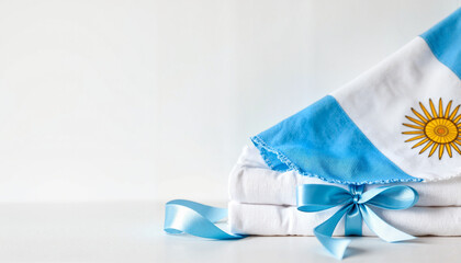 Folded white cloth with Argentine flag and blue ribbons, minimalism