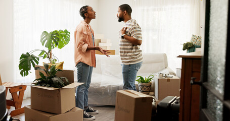 Home, real estate and black couple with fight, conflict and problem with rent increase. Man, woman...