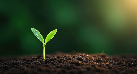Fototapeta premium A delicate green sprout with water droplets glistens in the warm sunlight, emerging from the soil