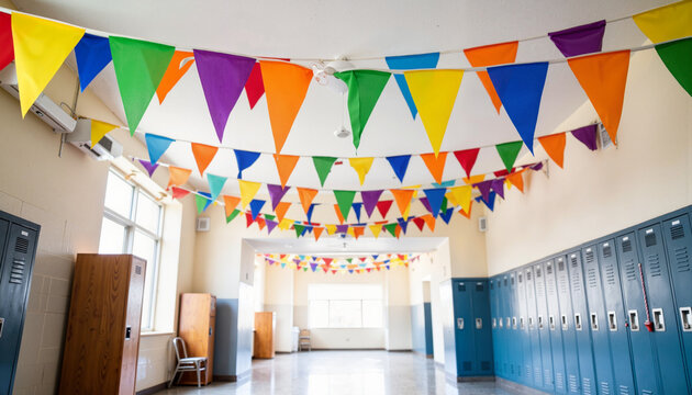Festive hallway decorated with colorful flags and streamers, school celebration
