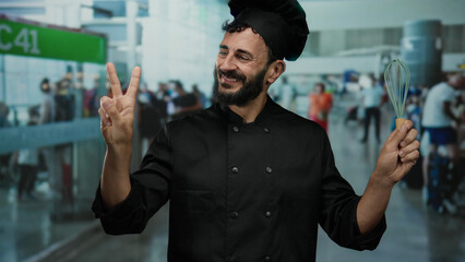 Hispanic man chef with beard holding a whisk and smiling at airport terminal, creating a joyful...