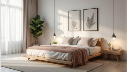 Fototapeta premium Minimalist bedroom with light wood accents botanical art prints and soft natural light