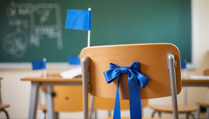 Empty school chair adorned with blue ribbon in classroom, education symbolism