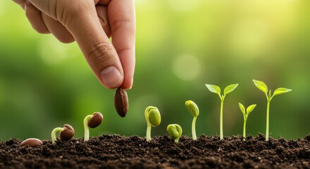 A hand carefully plants a seed into the soil, initiating the growth process of a new plant, showcasing the stages of germination and development