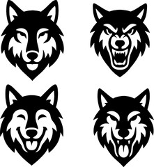 Wolf face in different types of pose in black and white silhouette asset set 