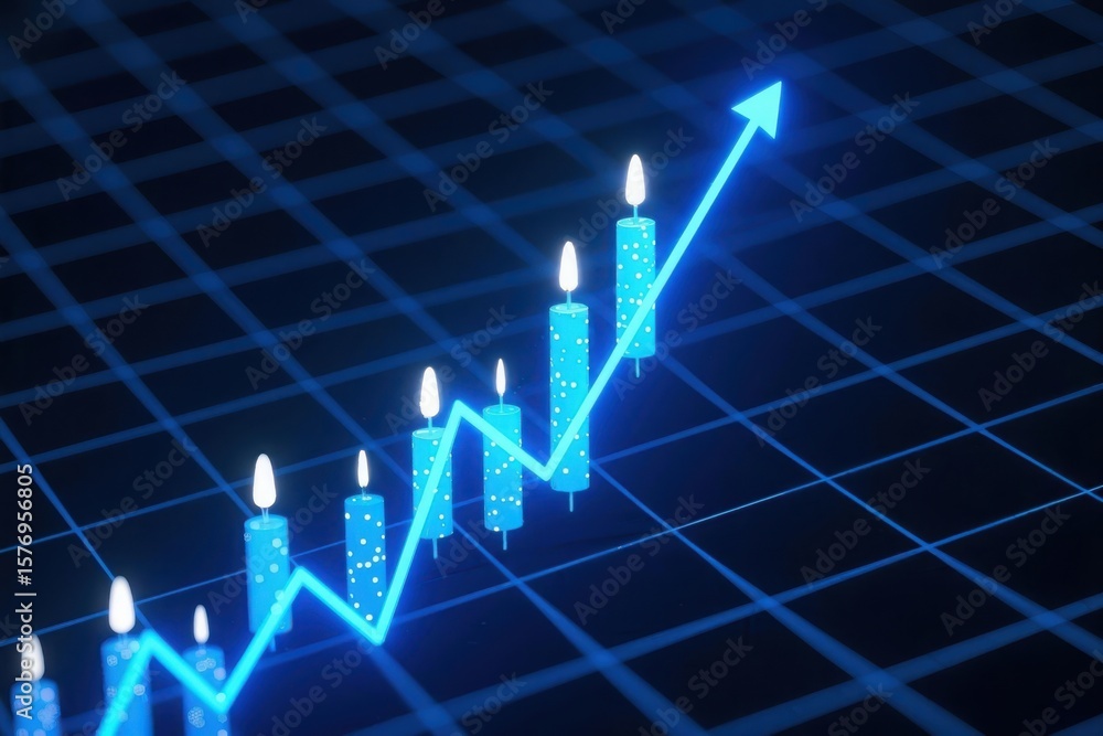 Poster conceptual image of financial growth represented by a blue line graph with lit candles on a dark gri