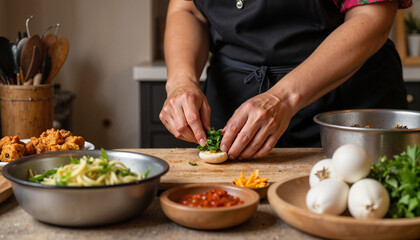 Indigenous woman preparing traditional food in rustic kitchen, culture