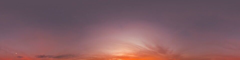 Dramatic Sunset sky 360 panorama. Vibrant sky with bright glowing red pink Cumulus clouds. HDR 360 seamless spherical panorama. Sky dome for aerial drone panoramas. Climate and weather change.