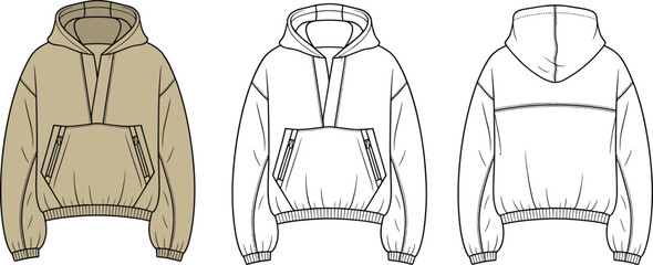 Oversized hoodie fashion flat sketch with front zip pocket, drawstring hood, ribbed hem and cuffs, front and back technical illustration