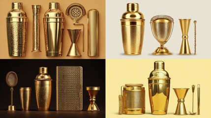 Gleaming gold barware, including shakers, strainers, jiggers, and tools, arranged in multiple styled scenes