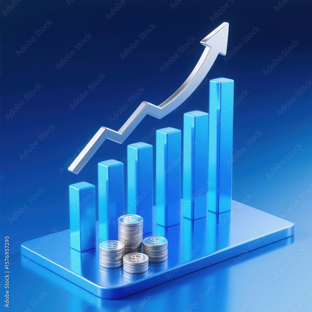 Aufkleber 3d render of a rising stock market graph with stacks of coins and an upward arrow on a blue backgrou