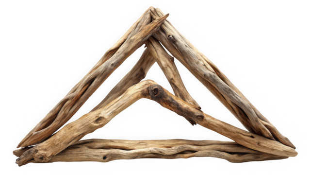A unique arrangement of weathered driftwood pieces forming a striking triangular shape, showcasing the natural textures and colors of aged wood.