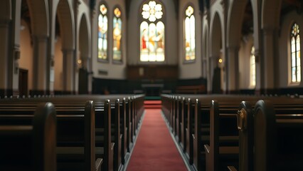 Fototapeta premium A serene church interior illuminated by stained glass, with empty wooden pews in focus.