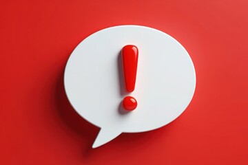 A bright red exclamation mark inside a white speech bubble on a vibrant red background symbolizing important notice or alert