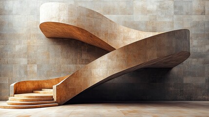 Modern, curved wooden staircase against a textured wall.