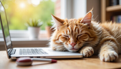 Relaxed cat sleeping beside laptop in cozy workspace, home comfort