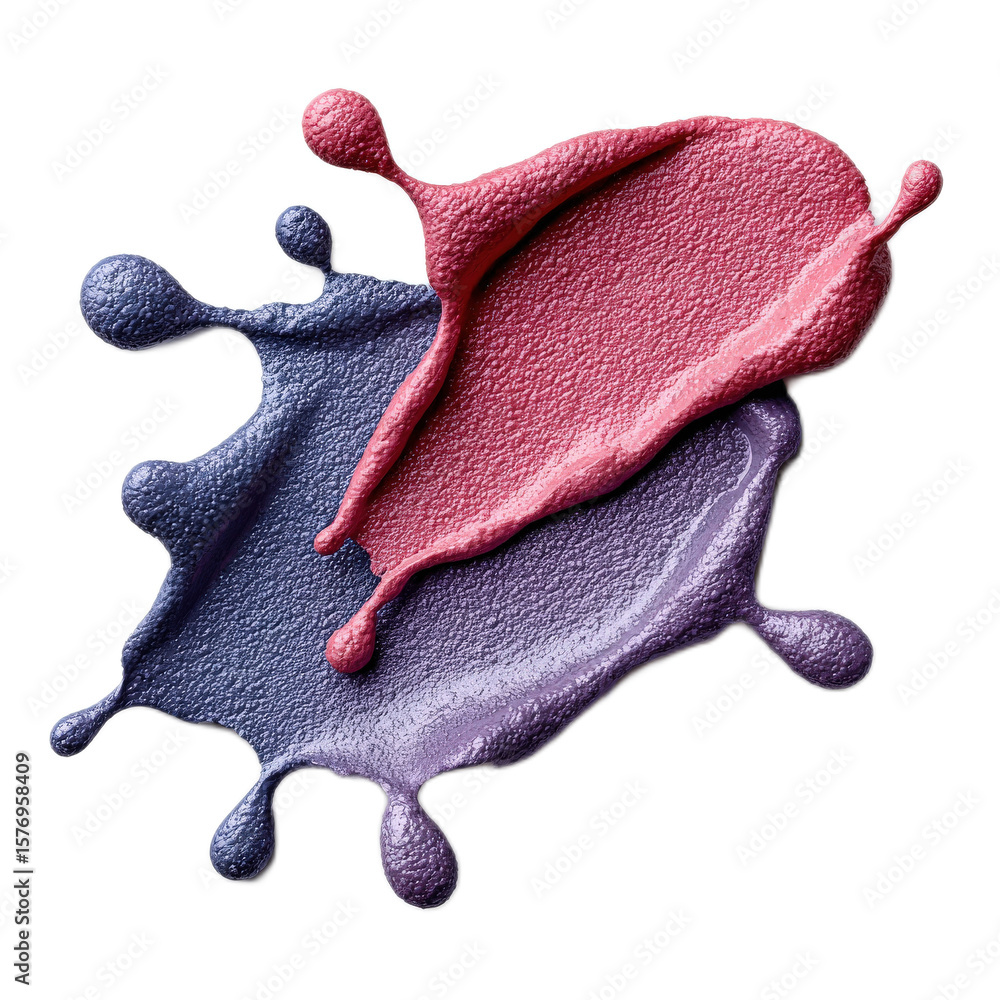 Poster colorful splashes of purple and pink paint creating an abstract artistic design on a white backgroun