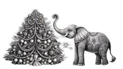 Vintage drawing of elephant decorating a christmas tree isolated on transparent background