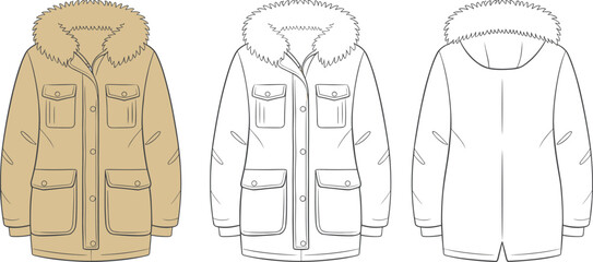 Winter parka coat technical flat sketch, fur hood detail, multi-pocket design, front back view, outerwear fashion illustration for apparel © Khadija Creatives