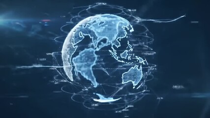 A digital Earth globe hovers encircled by rotating data streams in a deep blue techcentric backdrop - Powered by Adobe