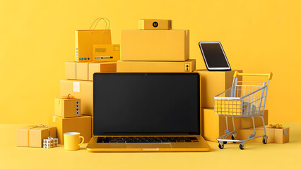 New laptop and various products on bright yellow background for sales