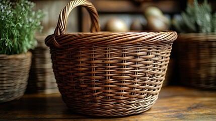 Close-up of a handcrafted wicker basket.