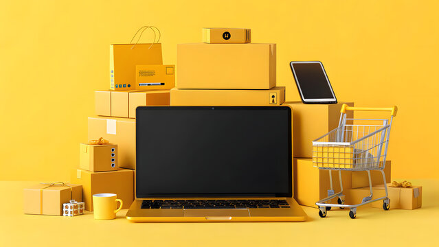 New laptop and various products on bright yellow background for sales