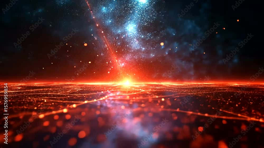 Poster abstract cosmic background with glowing horizon and particle effects for modern design