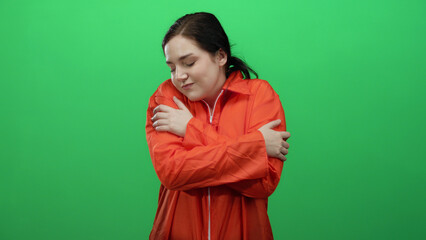 Obraz premium Woman embraces herself wearing orange prison jumpsuit against vibrant green backdrop symbolizing self-care or loneliness in confinement context.
