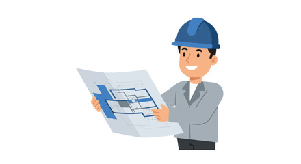 Smiling architect holding blueprint: flat design of construction and planning