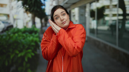 Woman with closed eyes wearing orange prison jumpsuit on city street outdoors expressing peace and relaxation against urban backdrop with green plants and buildings in background.