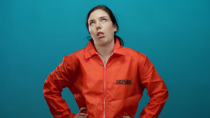 Woman wearing an orange prison jumpsuit stands against a blue background, expressing boredom and...