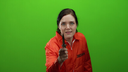 Woman in orange prison jumpsuit holding a knife against vibrant green background with intense...
